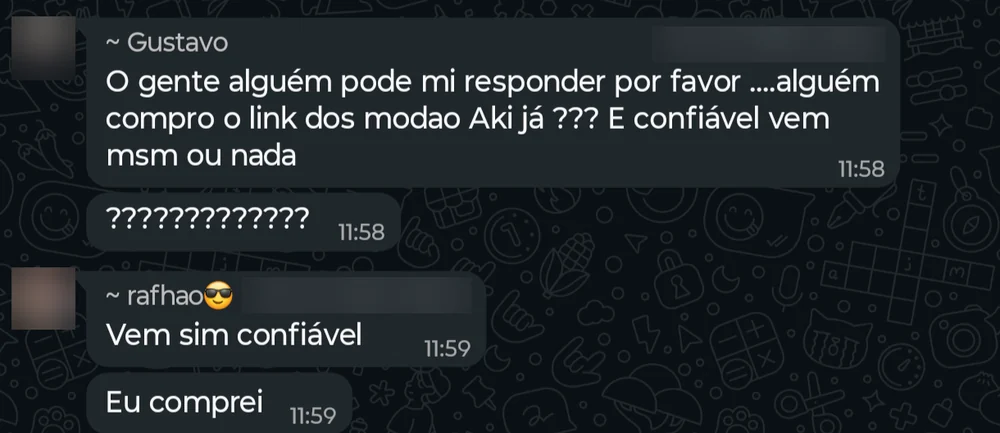 Um cliente pergunta se a compra é confiável e outro responde: vem sim, confiável, eu comprei.
